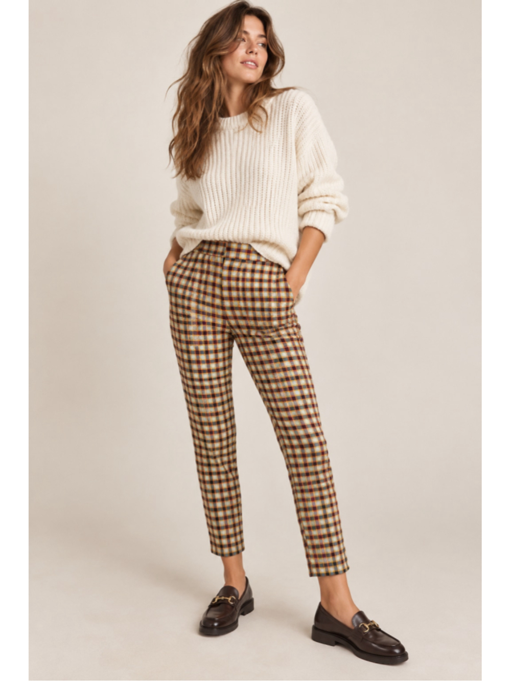 Free People Plaid Skinny Ankle Pants 29 Mustard Burgundy Side Zip Cotton